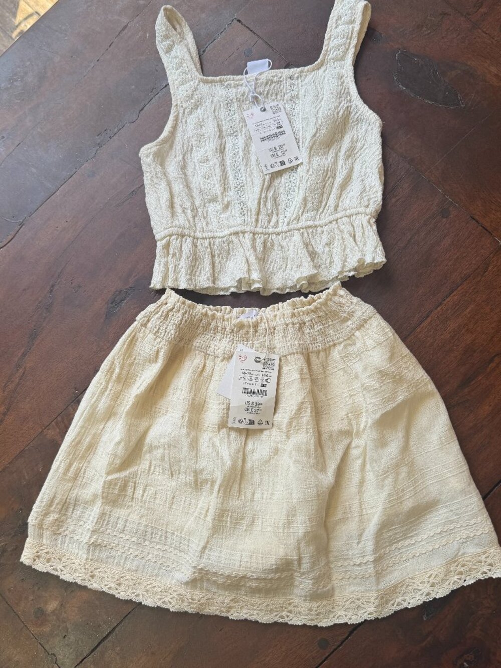 Zara Girls Cream Boho Matching Set NWT | Lace Crop Top + Skort | Size 13/14